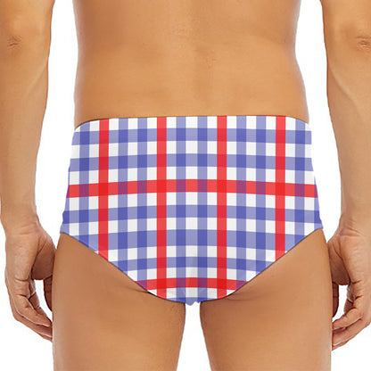 Blue Red And White Check Pattern Print Men's Triangle Swim Briefs