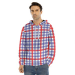 Blue Red And White Check Pattern Print Men's Velvet Pullover Hoodie