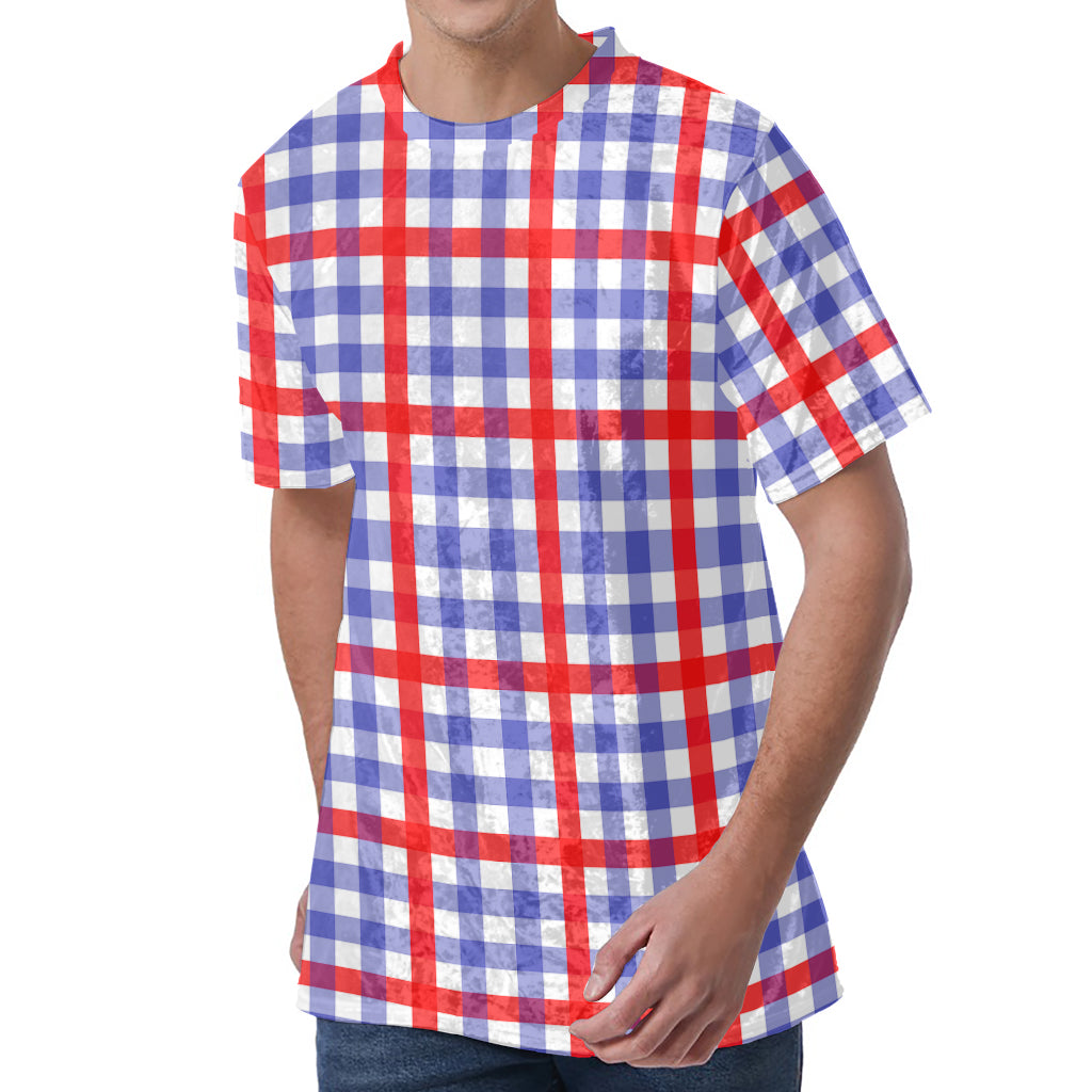 Blue Red And White Check Pattern Print Men's Velvet T-Shirt