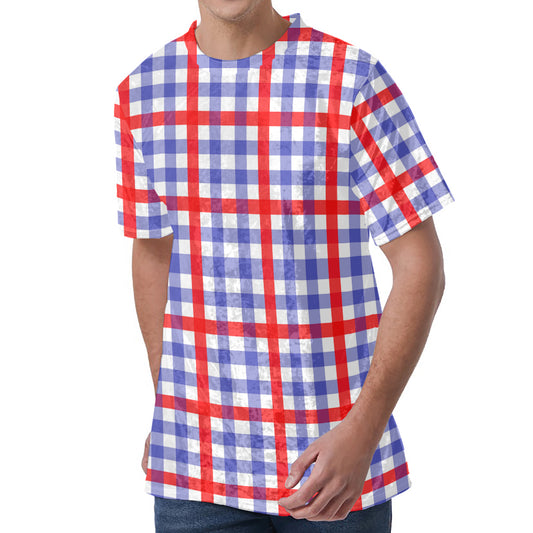Blue Red And White Check Pattern Print Men's Velvet T-Shirt
