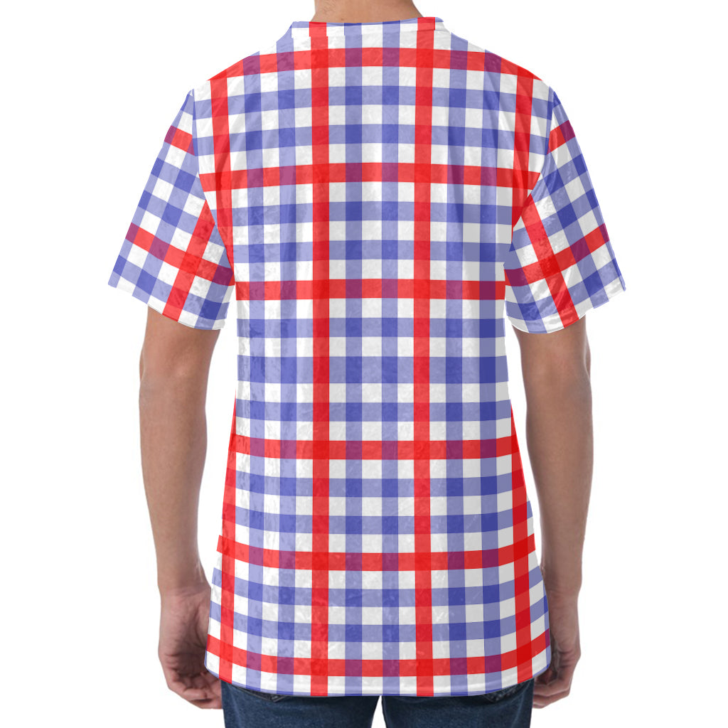 Blue Red And White Check Pattern Print Men's Velvet T-Shirt