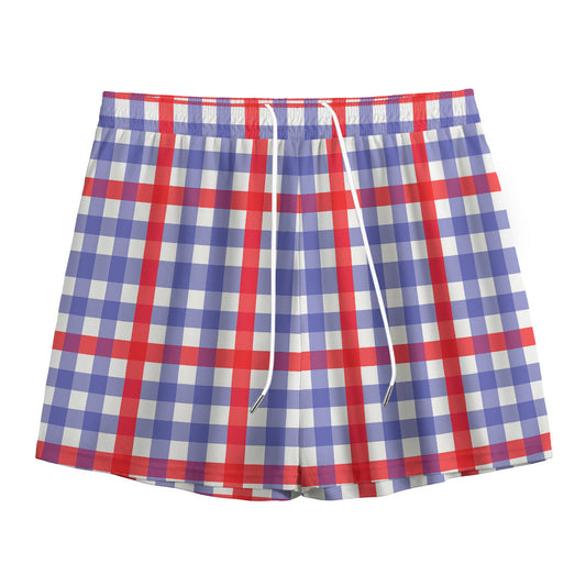 Blue Red And White Check Pattern Print Mesh Shorts