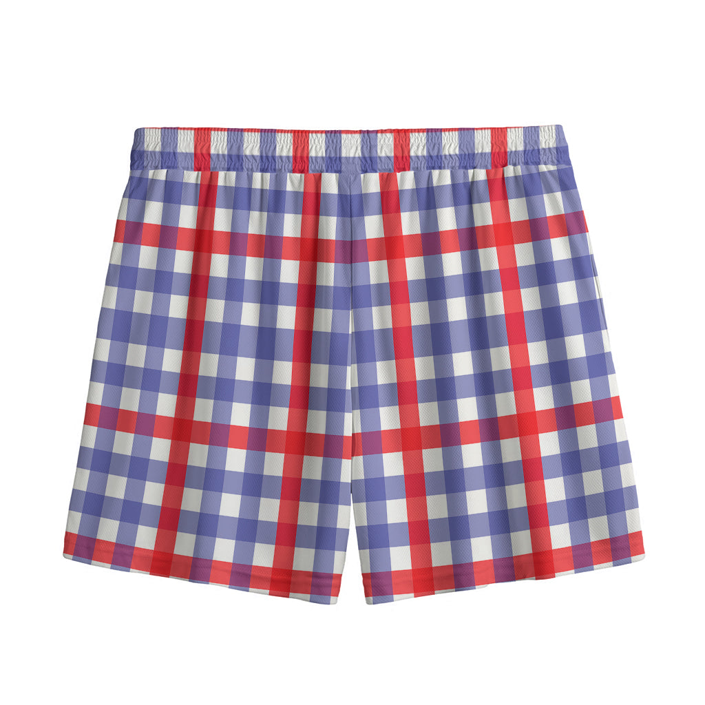 Blue Red And White Check Pattern Print Mesh Shorts