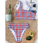Blue Red And White Check Pattern Print One Shoulder Bikini Top