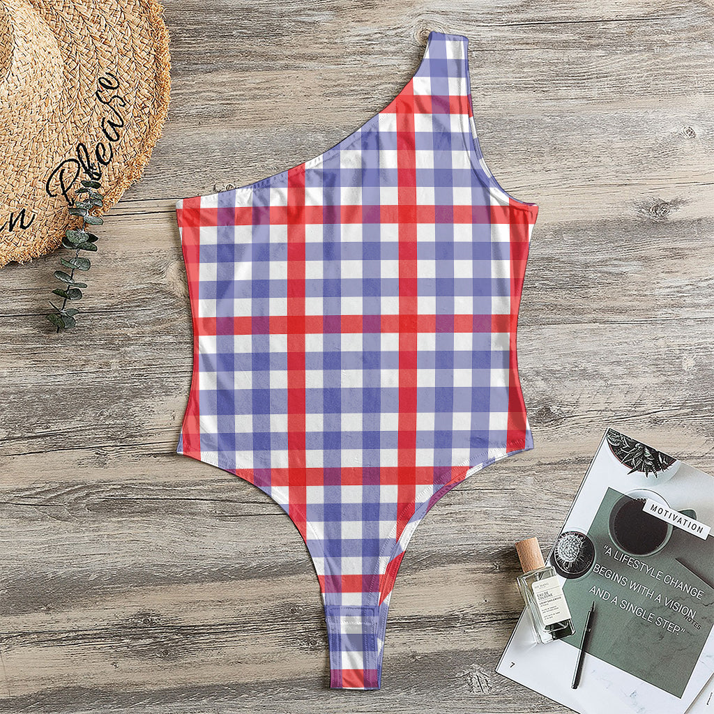 Blue Red And White Check Pattern Print One Shoulder Bodysuit