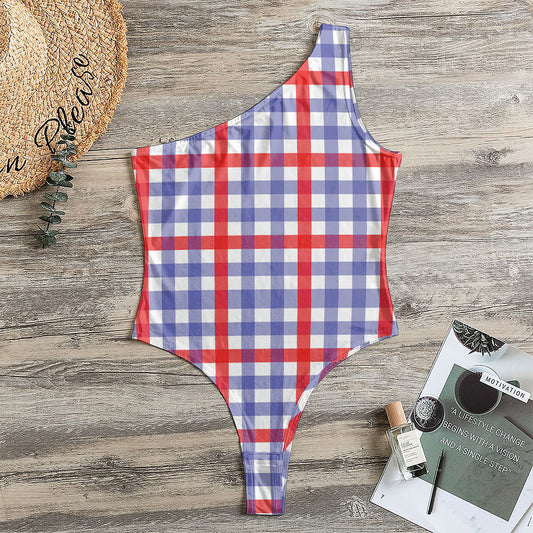 Blue Red And White Check Pattern Print One Shoulder Bodysuit