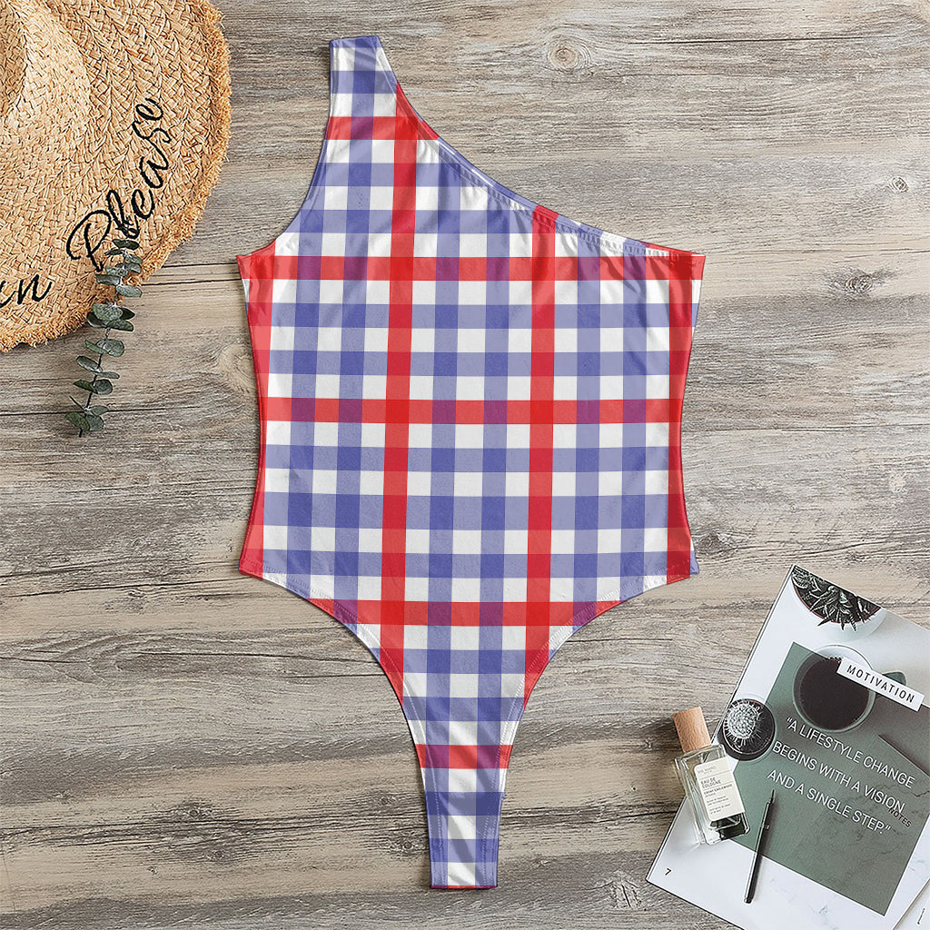 Blue Red And White Check Pattern Print One Shoulder Bodysuit