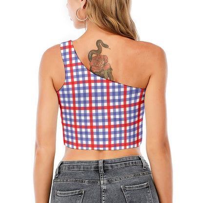 Blue Red And White Check Pattern Print One Shoulder Crop Top