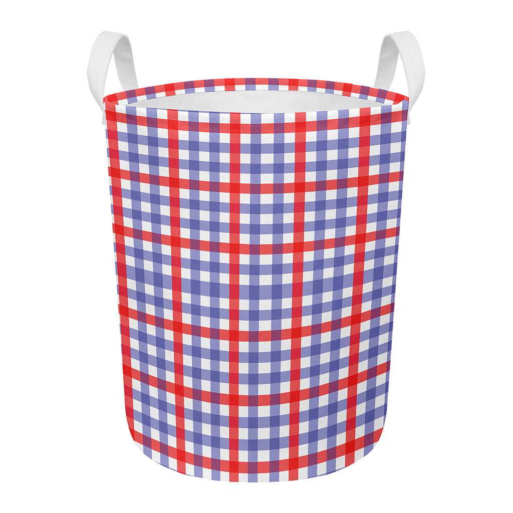 Blue Red And White Check Pattern Print Round Laundry Basket