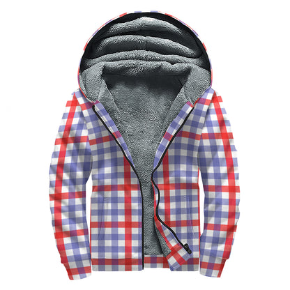 Blue Red And White Check Pattern Print Sherpa Lined Zip Up Hoodie