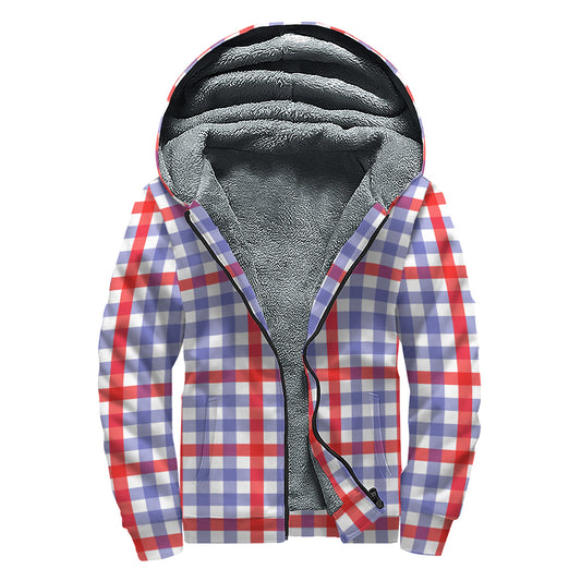 Blue Red And White Check Pattern Print Sherpa Lined Zip Up Hoodie