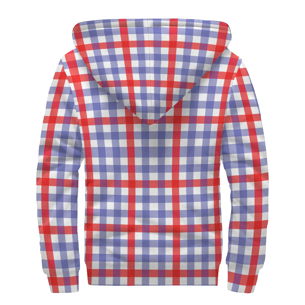 Blue Red And White Check Pattern Print Sherpa Lined Zip Up Hoodie