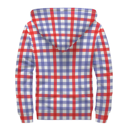 Blue Red And White Check Pattern Print Sherpa Lined Zip Up Hoodie