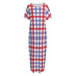 Blue Red And White Check Pattern Print Short Sleeve Long Nightdress