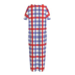 Blue Red And White Check Pattern Print Short Sleeve Long Nightdress