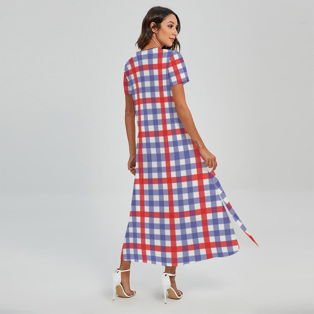 Blue Red And White Check Pattern Print Short Sleeve Maxi Dress