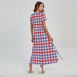 Blue Red And White Check Pattern Print Short Sleeve Maxi Dress