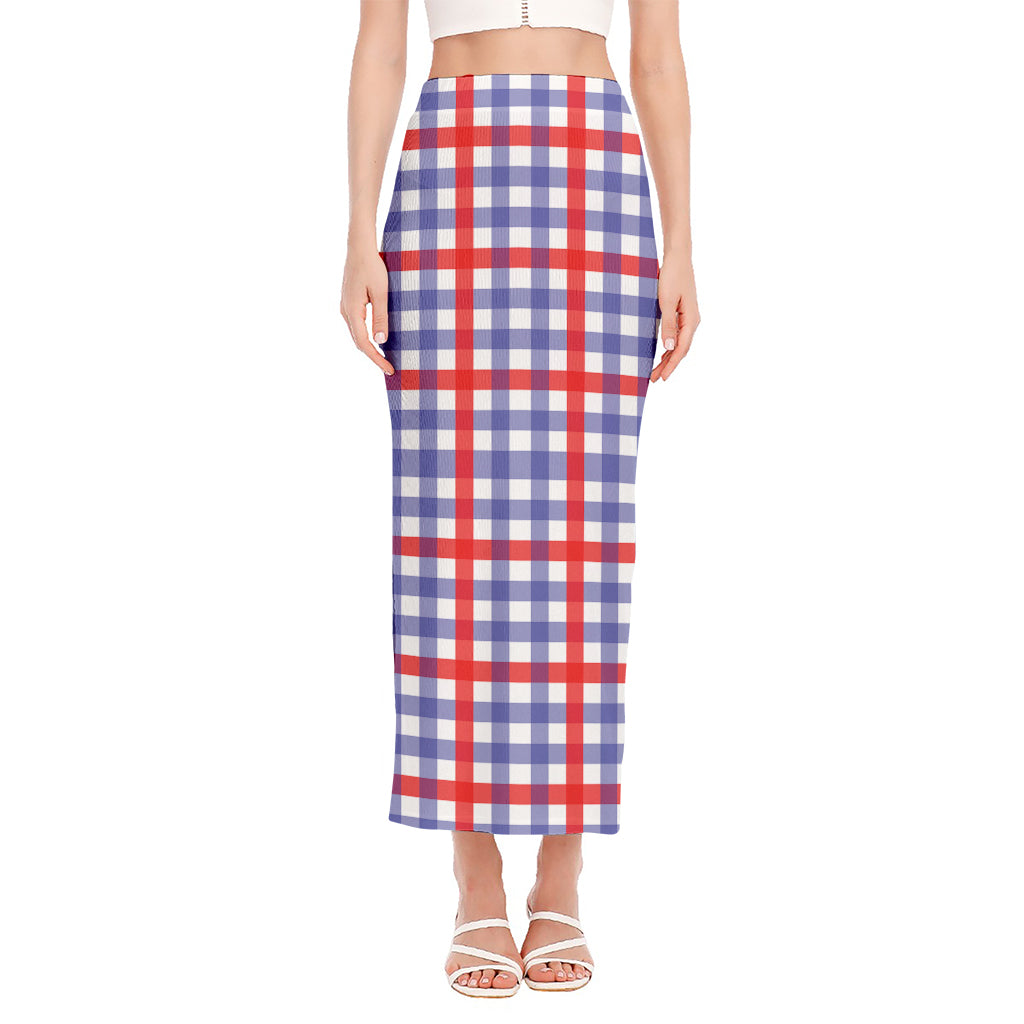 Blue Red And White Check Pattern Print Side Slit Maxi Skirt