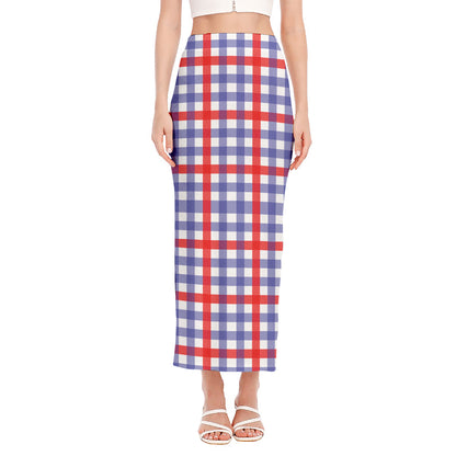 Blue Red And White Check Pattern Print Side Slit Maxi Skirt