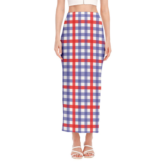 Blue Red And White Check Pattern Print Side Slit Maxi Skirt