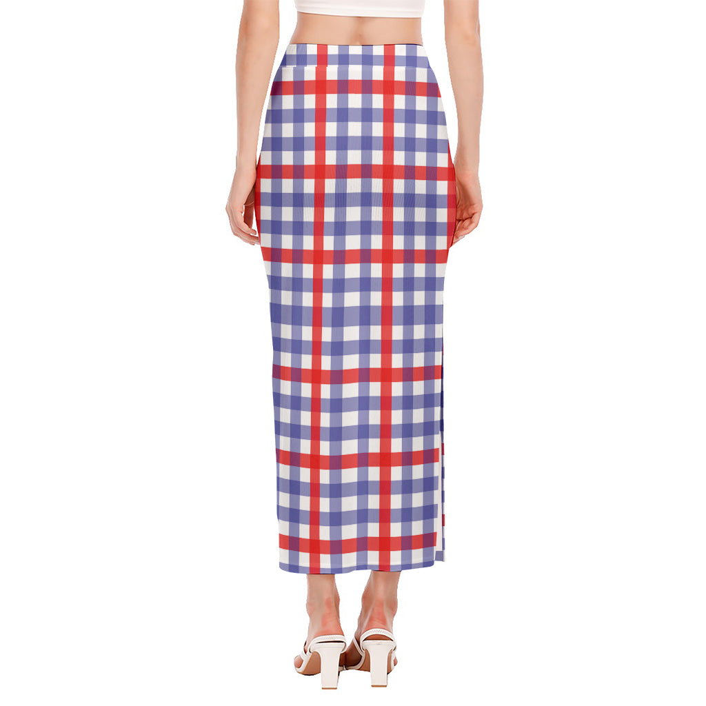 Blue Red And White Check Pattern Print Side Slit Maxi Skirt