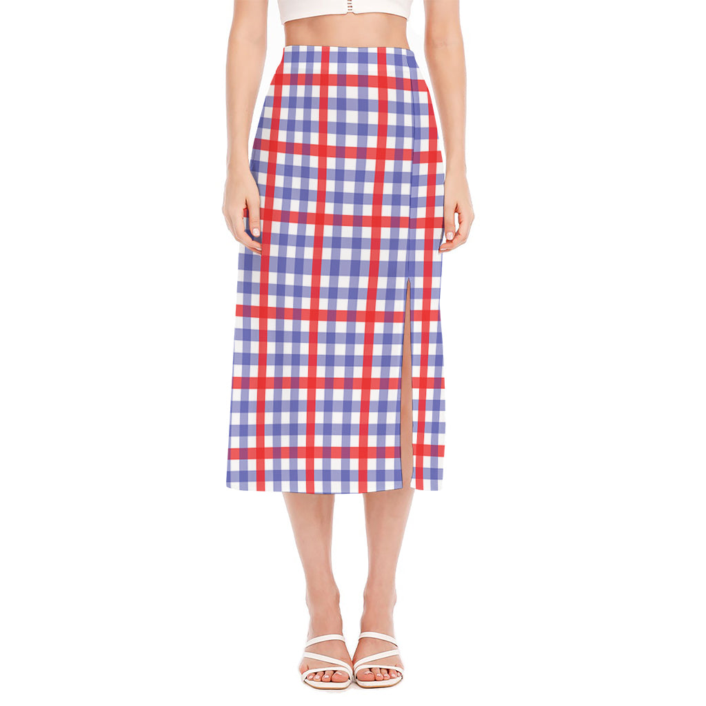 Blue Red And White Check Pattern Print Side Slit Midi Skirt
