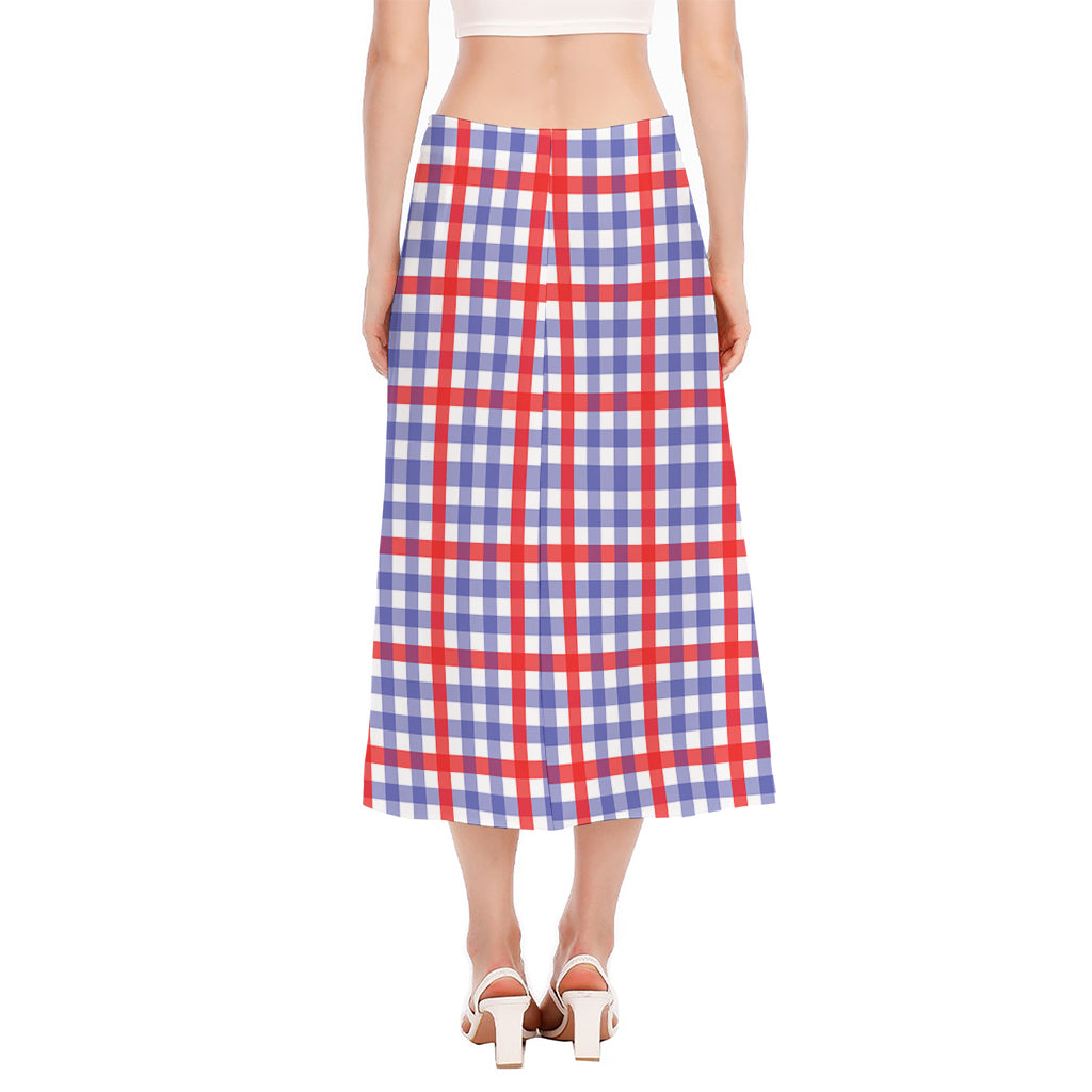 Blue Red And White Check Pattern Print Side Slit Midi Skirt