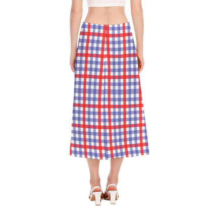 Blue Red And White Check Pattern Print Side Slit Midi Skirt