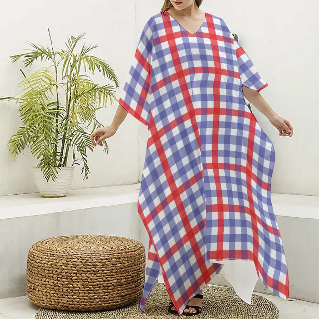 Blue Red And White Check Pattern Print Silk V-Neck Kaftan Dress