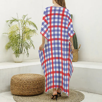 Blue Red And White Check Pattern Print Silk V-Neck Kaftan Dress