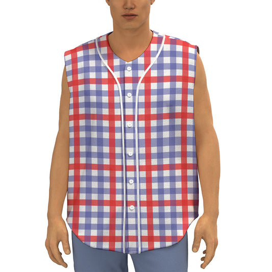 Blue Red And White Check Pattern Print Sleeveless Baseball Jersey
