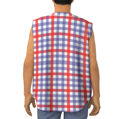 Blue Red And White Check Pattern Print Sleeveless Baseball Jersey