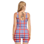 Blue Red And White Check Pattern Print Sleeveless One Piece Swimsuit