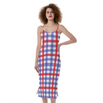 Blue Red And White Check Pattern Print Slim Fit Midi Cami Dress