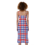Blue Red And White Check Pattern Print Slim Fit Midi Cami Dress