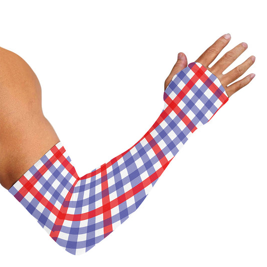 Blue Red And White Check Pattern Print Sun Protection Arm Sleeves
