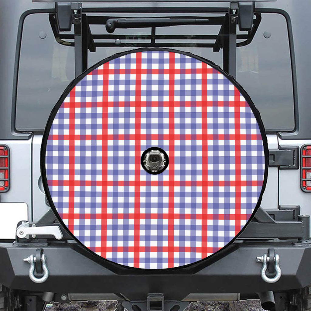 Blue Red And White Check Pattern Print Tire Cover With Camera Hole