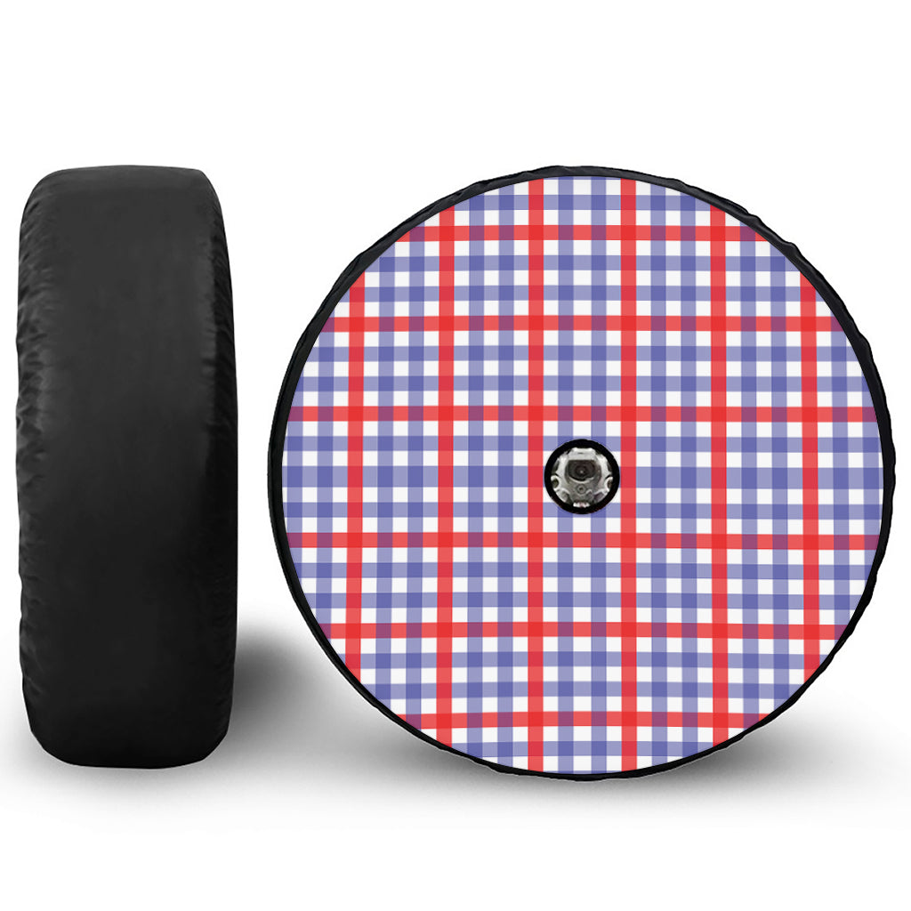 Blue Red And White Check Pattern Print Tire Cover With Camera Hole