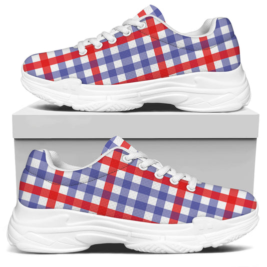 Blue Red And White Check Pattern Print White Chunky Shoes