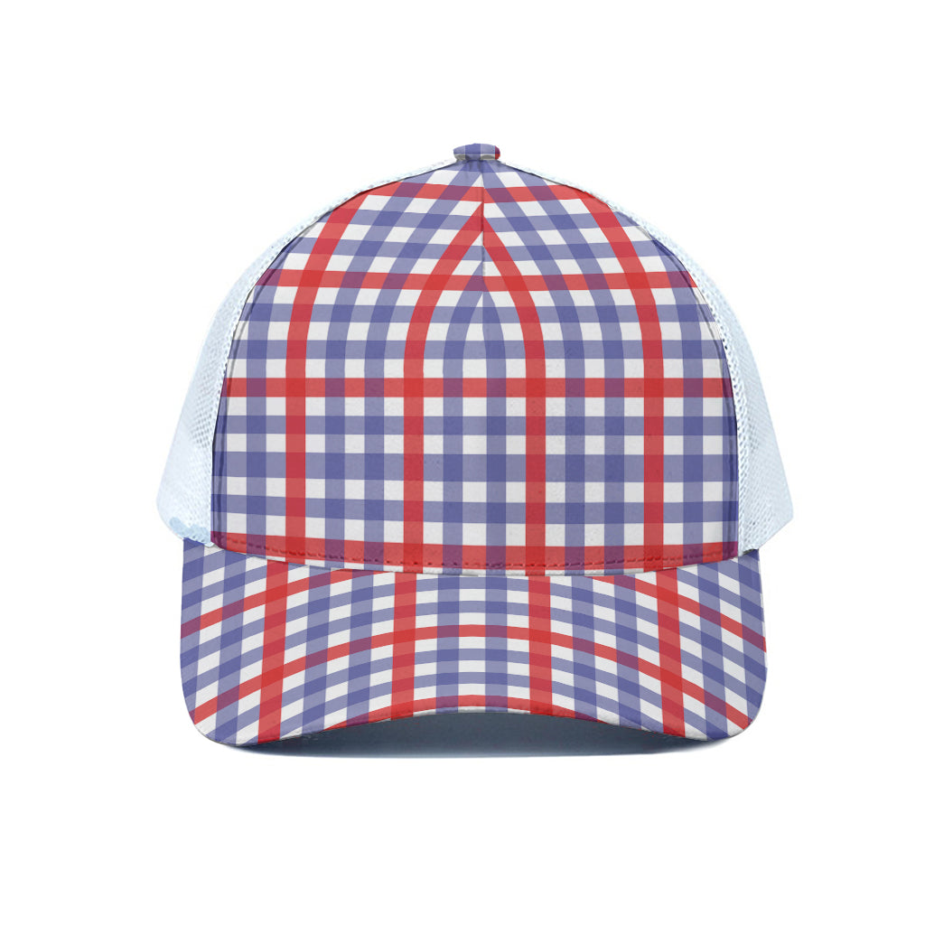 Blue Red And White Check Pattern Print White Mesh Trucker Cap