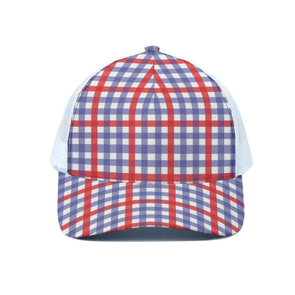 Blue Red And White Check Pattern Print White Mesh Trucker Cap