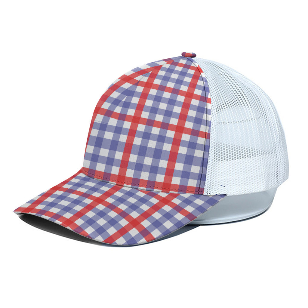 Blue Red And White Check Pattern Print White Mesh Trucker Cap