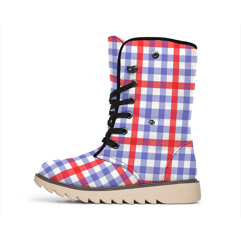 Blue Red And White Check Pattern Print Winter Boots