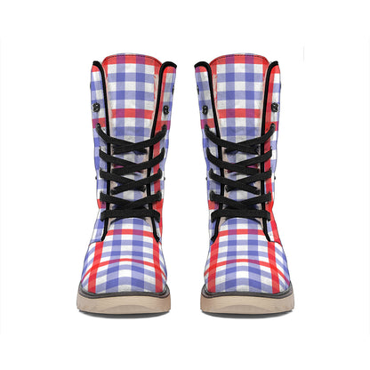 Blue Red And White Check Pattern Print Winter Boots