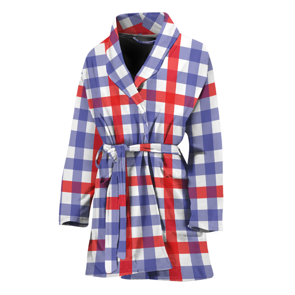 Blue Red And White Check Pattern Print Women's Bathrobe