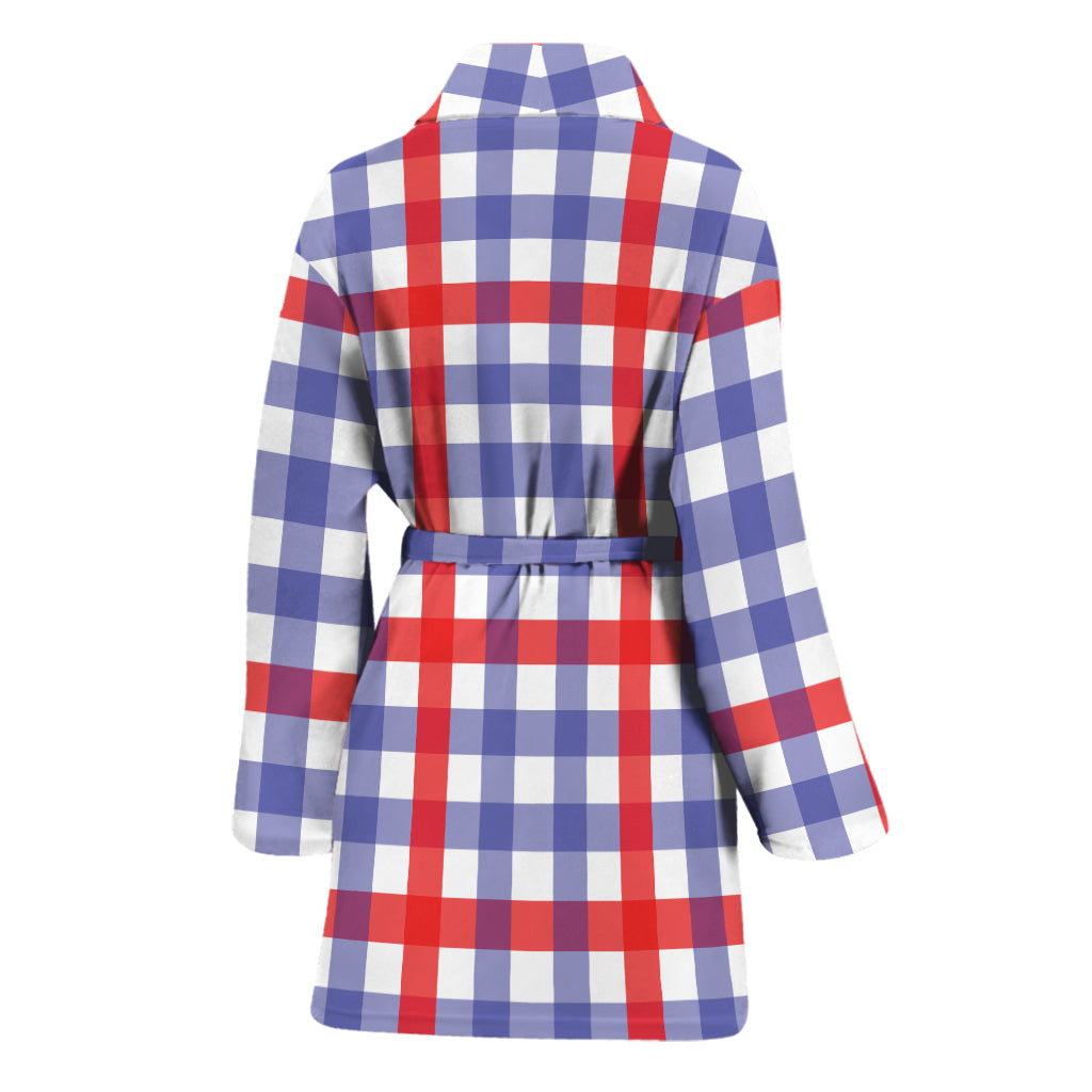 Blue Red And White Check Pattern Print Women's Bathrobe