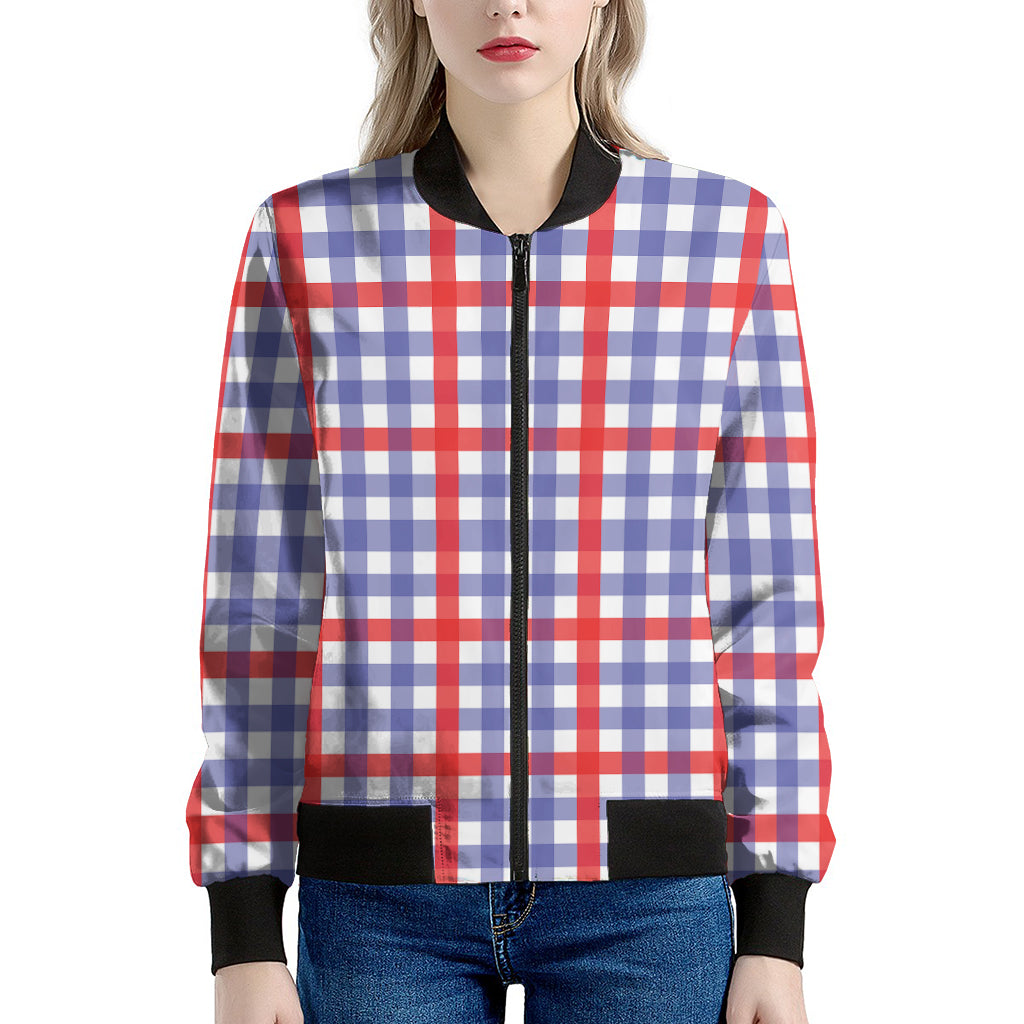 Blue Red And White Check Pattern Print Women's Bomber Jacket