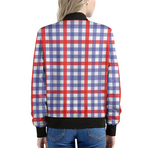 Blue Red And White Check Pattern Print Women's Bomber Jacket