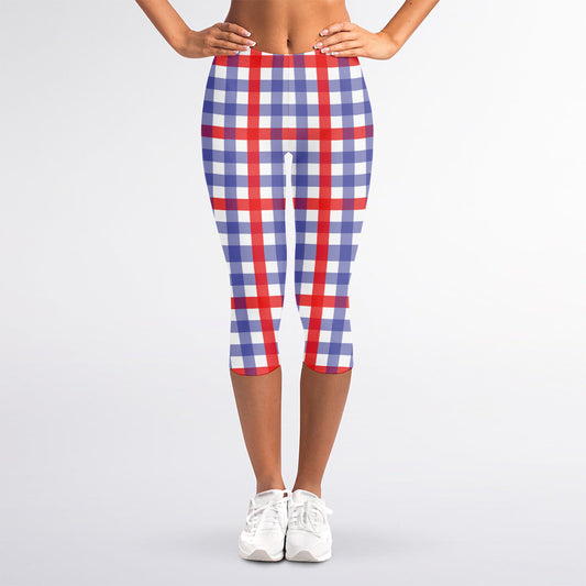Blue Red And White Check Pattern Print Women's Capri Leggings