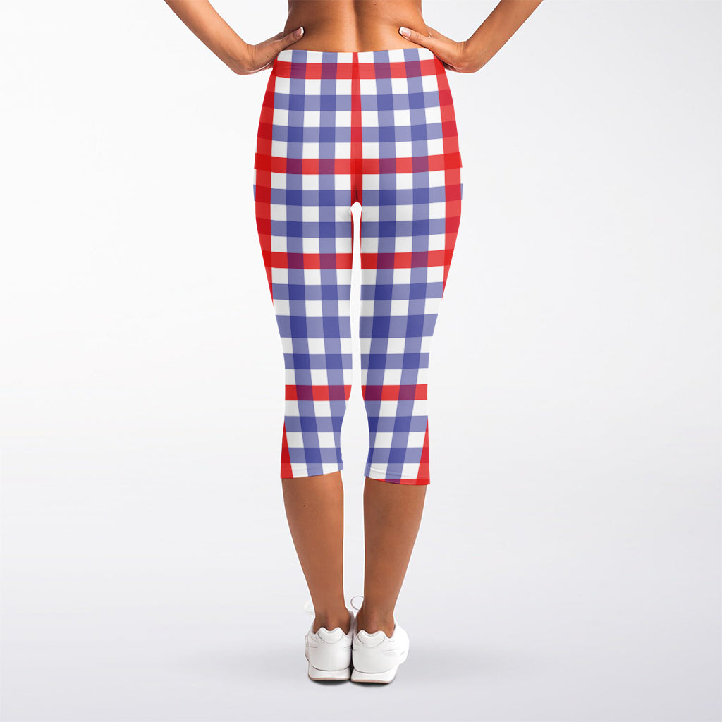 Blue Red And White Check Pattern Print Women's Capri Leggings